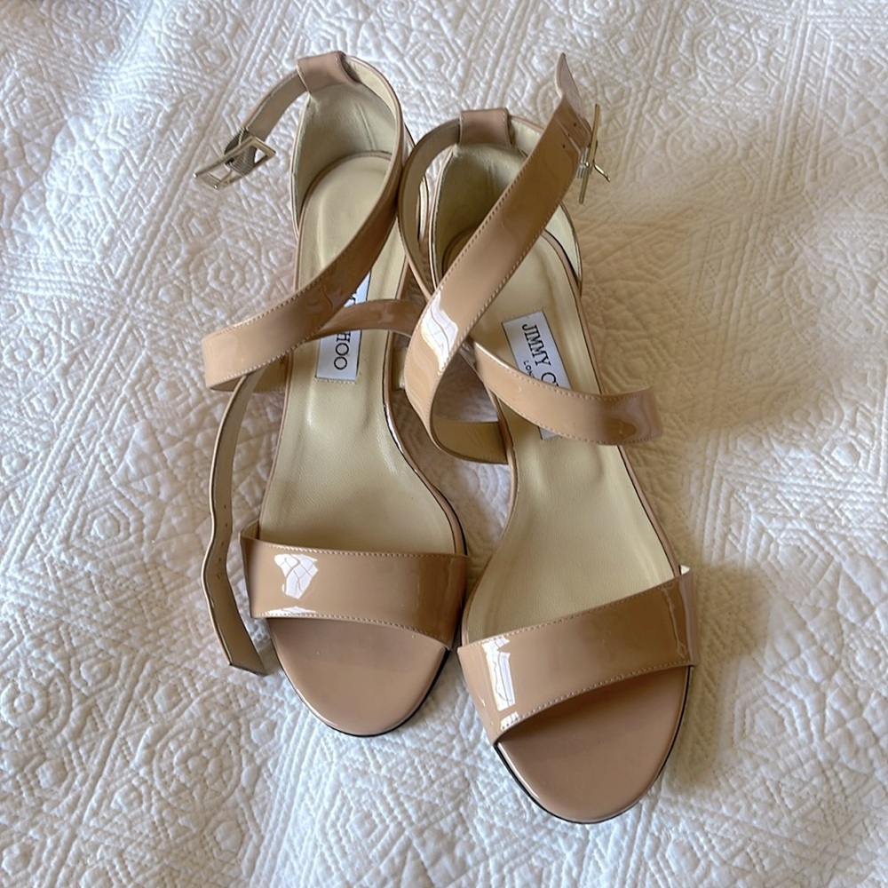 Jimmy Choo Beige Patent Leather Chiara Wedge Sandals Size 39 1/2